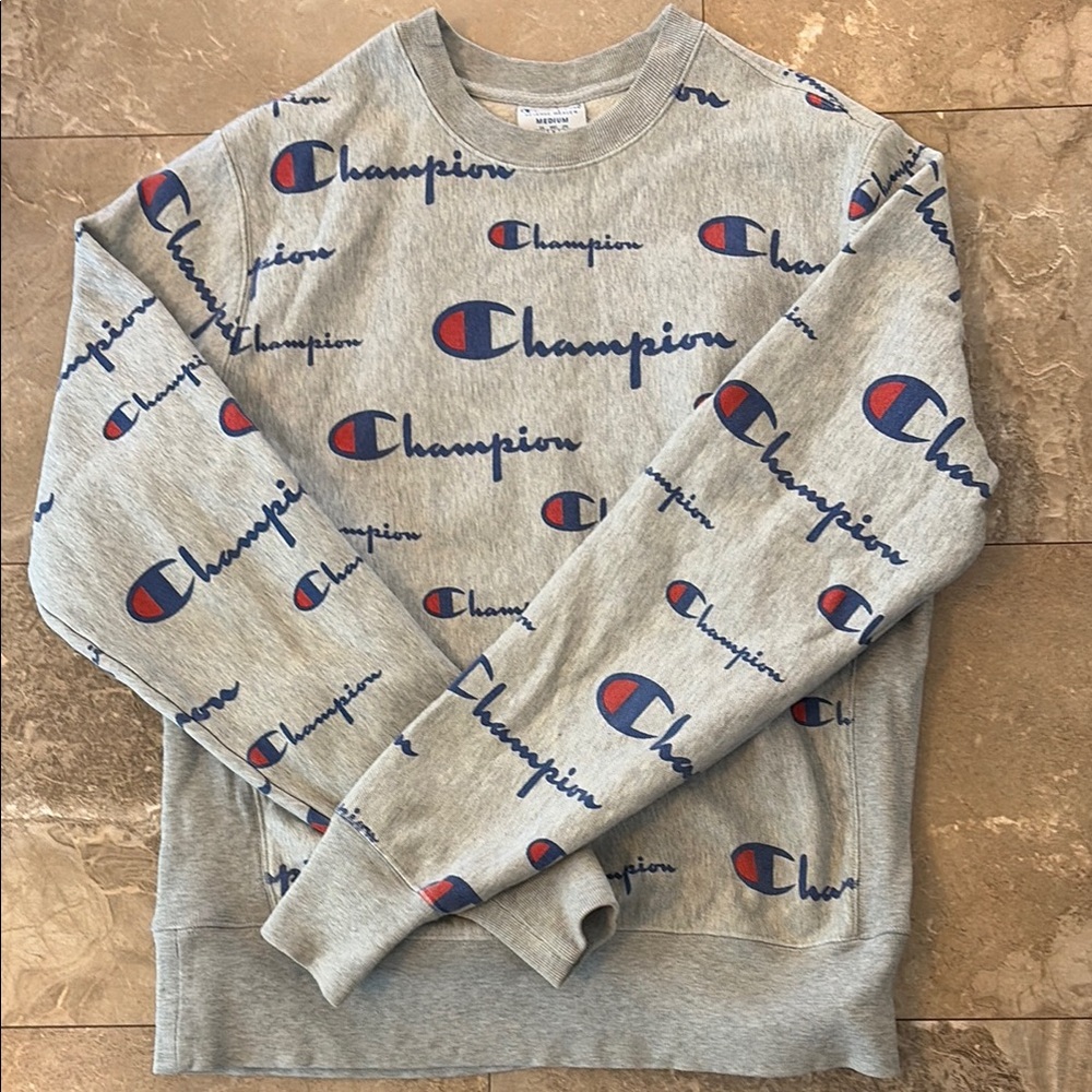 Champion Gray All-Over Logo Crewneck with Blue and Red Accents